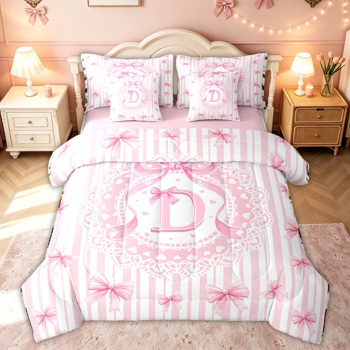meiyoeat Preppy Letter D Full Size Bedding Sets for Kids Girls, Princess Bow Lace Full Size Bed in a Bag for Bedroom, Pink White, Pink Reversible, 7-Piece