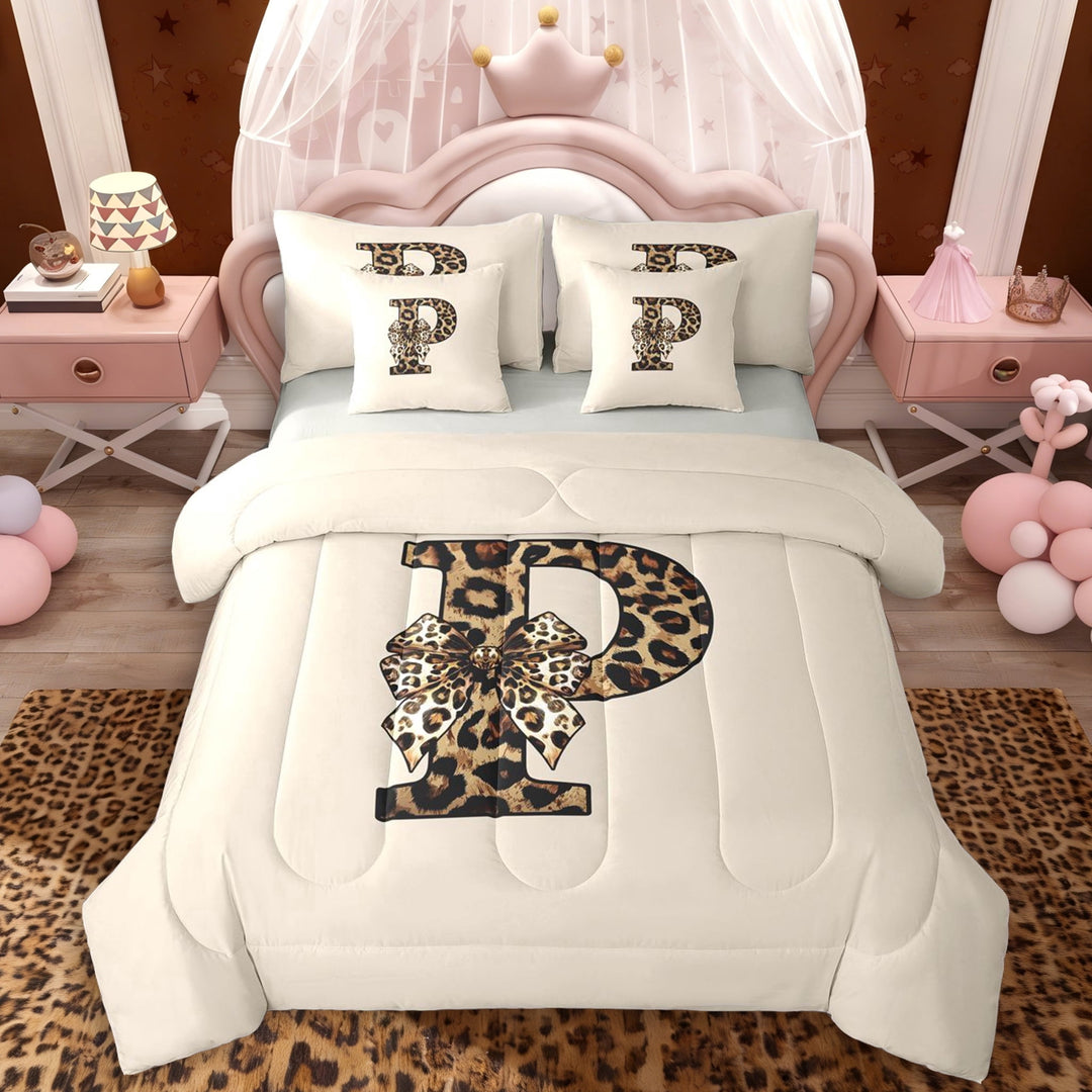 Erosebridal Vintage Leopard Print Bow Tie Twin Bedding Sets 7-Piece For Girls Boys,Adults Personalized Initial P Bedding Comforter Set,Grey Reversible