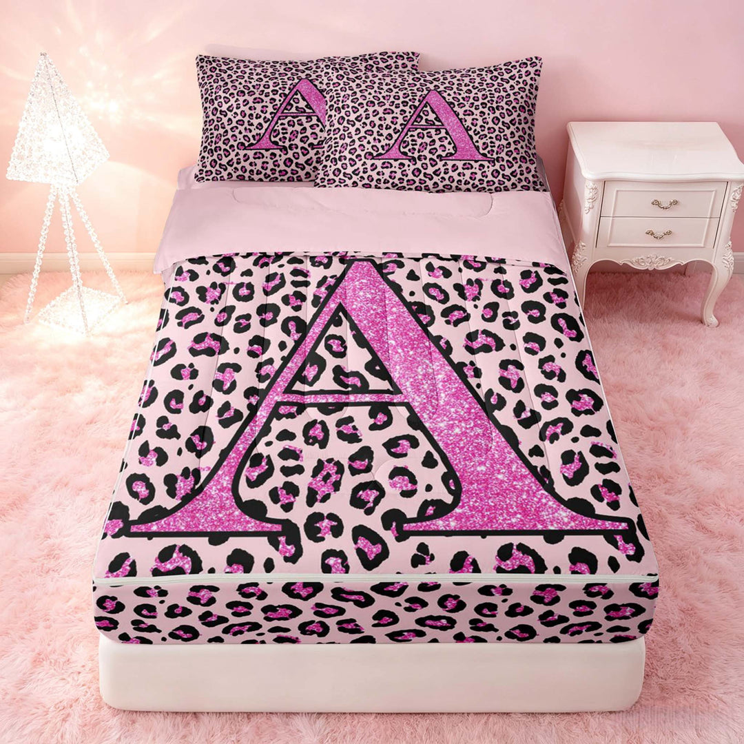 meiyoeat Glitter Leopard Print Letter A Zipper Twin Comforter Sets with Fitted Sheet and 2 Pillowcases, Girls Teens, Pink Sparkle Monogrammed Zipper Bedding Set, Pink Reversible