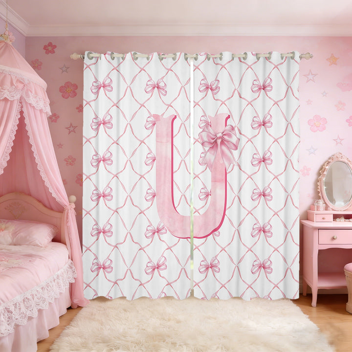 Manfei Monogrammed U Curtains for Living Room,Ribbon Bowknot Blackout Curtains Set of 2 (38x45),Pink White Curtains and Drapes (38x45),Microfiber Room Decorative