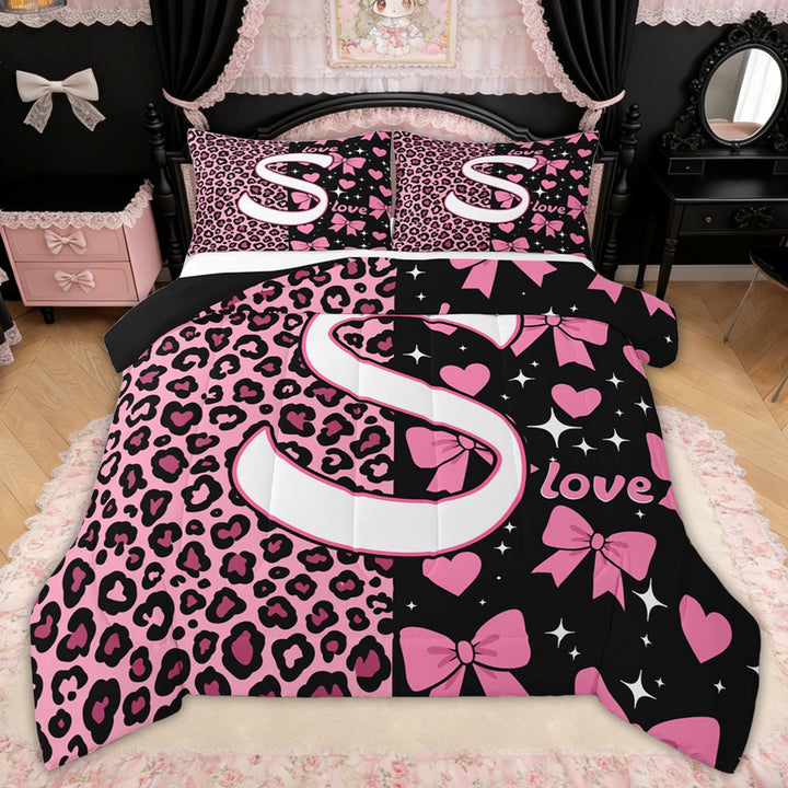 Erosebridal Leopard Print Bow Letter S Full Size Comforter Sets for Girls, Pink Initial Ribbon Bedding Sets, Black Reversible, 3pcs