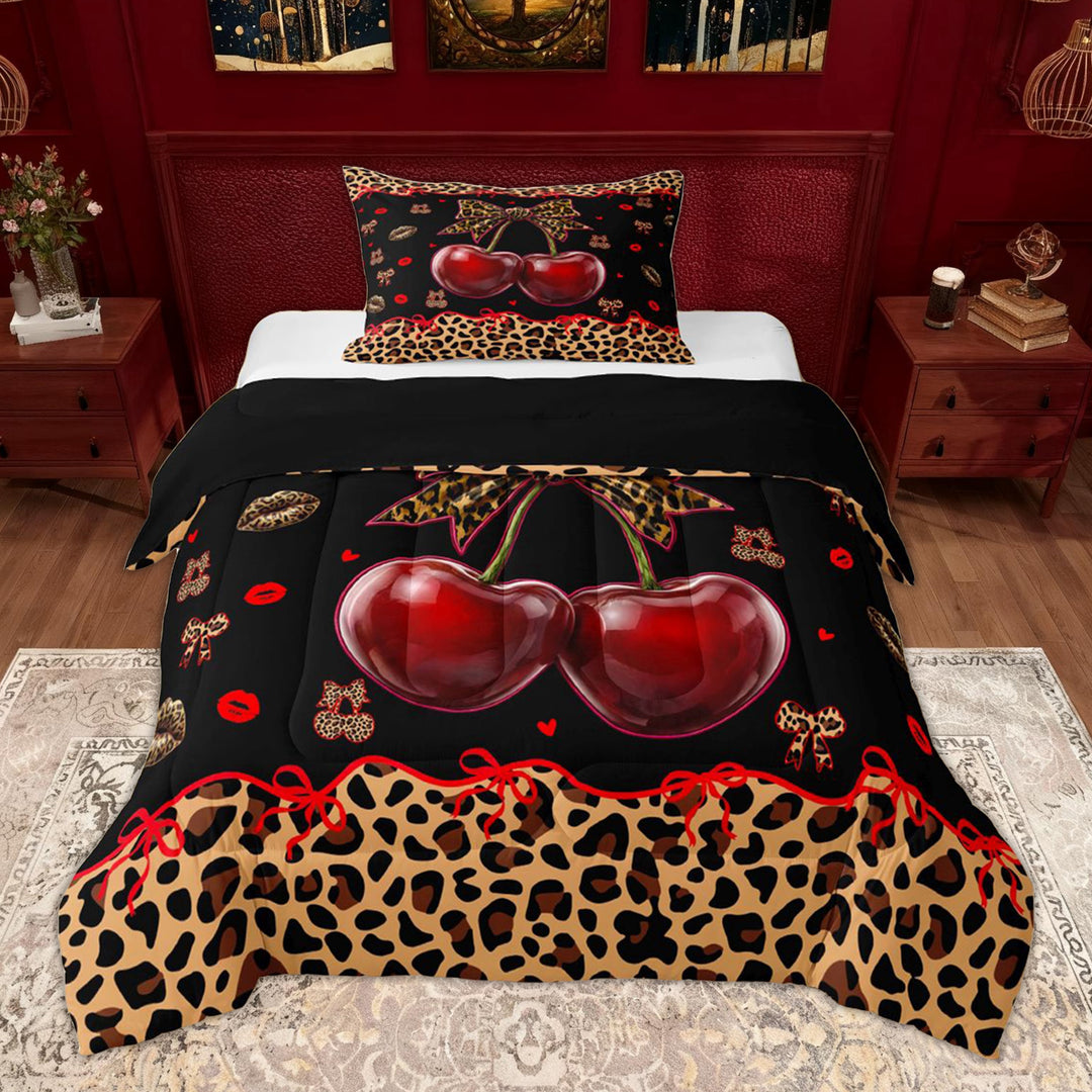 Erosebridal Cheetah Print Kid Twin Comforter Sets, Bowknot Cherry Bedding Set, Black Brown, 2pcs