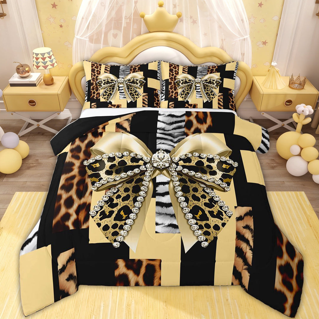 Erosebridal Leopard Print Bow Girls Full Size Comforter Sets, Yellow Fashion Ribbon Bedding Sets, 3-Piece