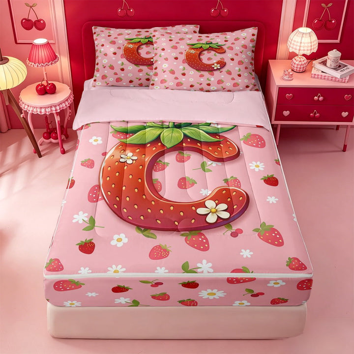 meiyoeat Kawaii Strawberry Daisy Zipper Full Size Comforter Sets with Fitted Sheet and 2 Pillowcases,Sweet Fruit Initial C Letter Zipper Bedding Set For Girl,Pink Reversible,4-Piece