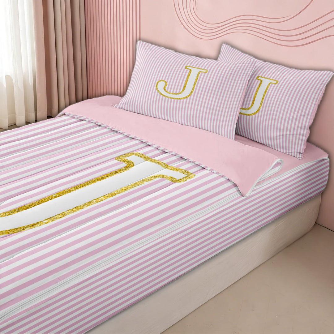 meiyoeat Preppy Letter J Zipper Full Size Comforter Sets with Fitted Sheet and 2 Pillowcases for Kids Girls Women, Gold Glitter Zipper Bedding Set for Bedroom, Pink ReversibleG