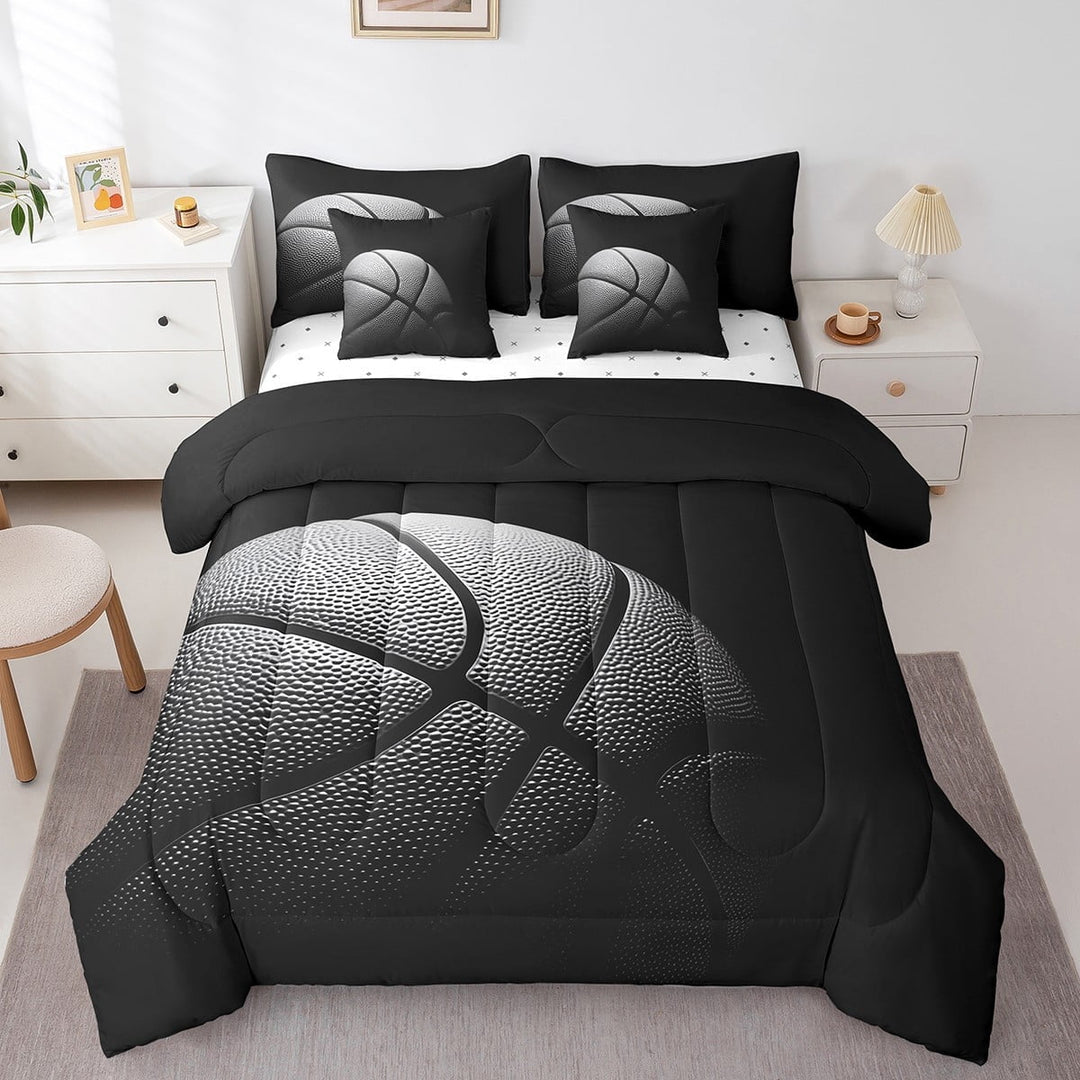 Erosebridal 3D Basketball Bedding Sets Twin Size for Kids Boys, Black Grey Comforter Sets with Sheets, Sports Player Reversible Bedding Twin Size, Breathable Bedroom Decorative, 7pcs