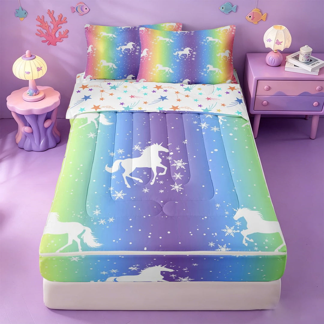 meiyoeat Magic Unicorn Silhouette Zipper Full Size Comforter Sets with Fitted Sheet and 2 Pillowcases,Multicolor Gradient Lines Art Zipper Bedding Set,Colorful Stars Reversible,4-Piece
