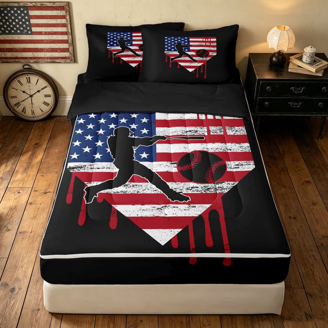 meiyoeat Retro US Stars Stripes Flag Baseball Zipper Full Size Comforter Sets with Fitted Sheet and 2 Pillowcases, Drip Batter Silhouette Zipper Bedding Set for Boys, Black Reversible, 4pcs