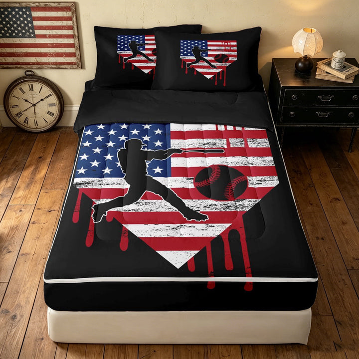 meiyoeat Retro US Stars Stripes Flag Baseball Zipper Full Size Comforter Sets with Fitted Sheet and 2 Pillowcases, Drip Batter Silhouette Zipper Bedding Set for Boys, Black Reversible, 4pcs