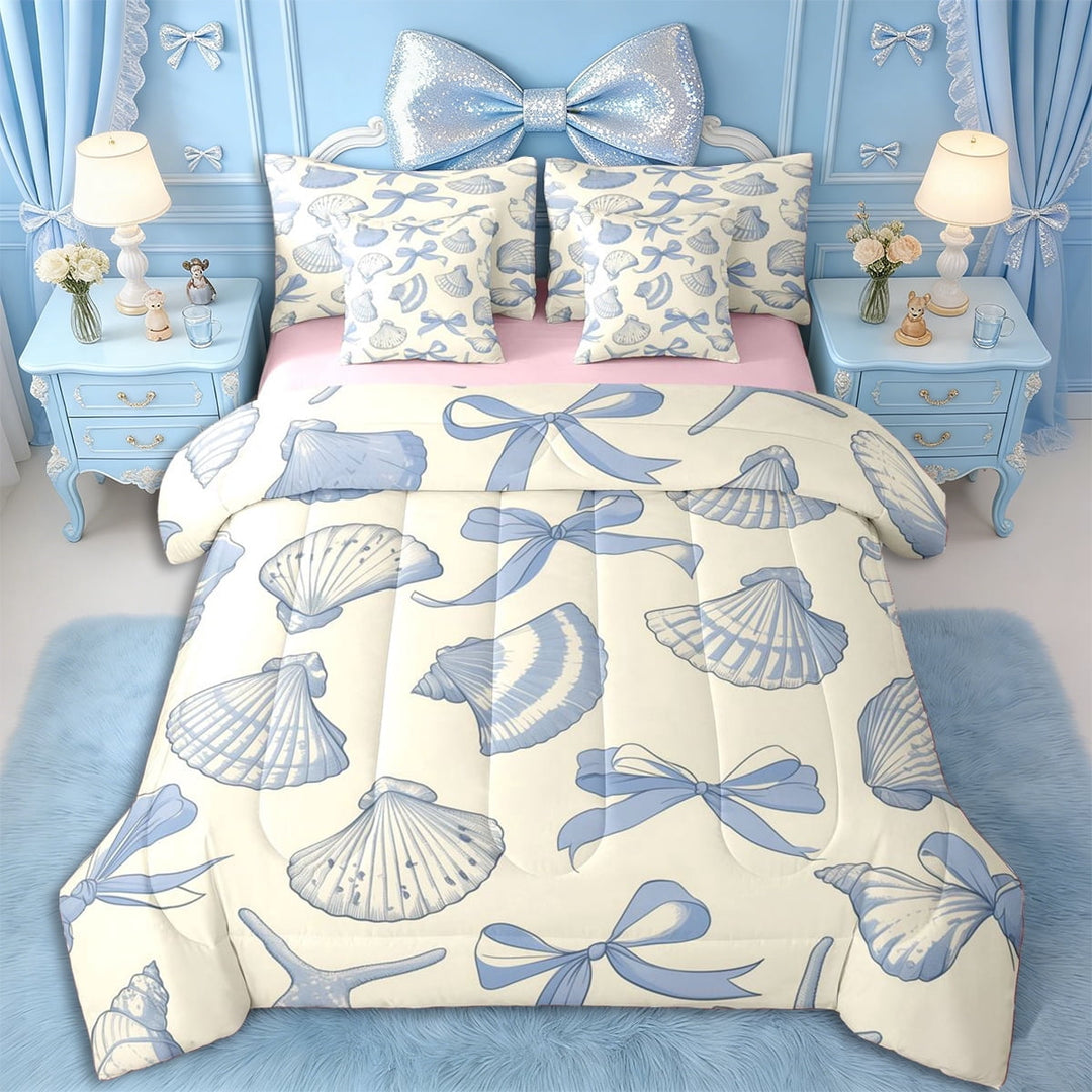 Erosebridal Girls Blue Ribbon Bow Twin Bedding Sets 7-Piece,Ocean Seashell Bedding Comforter Set for Teens Women,Pink Reversible,Ultra Soft Home Decor