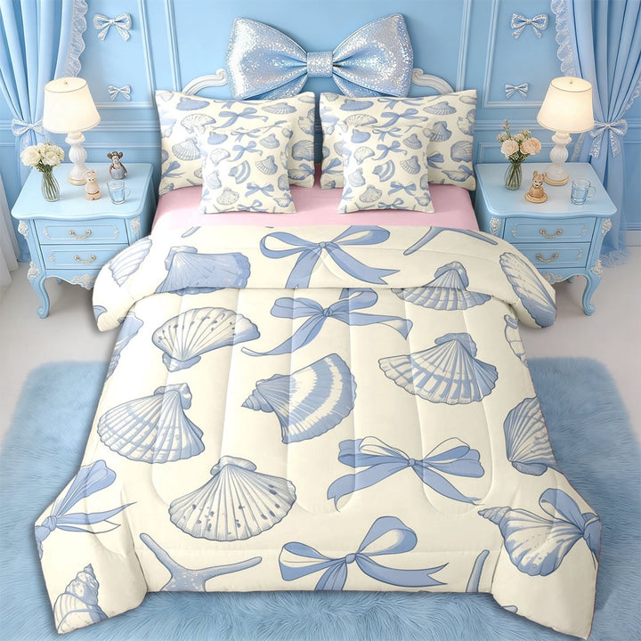 Erosebridal Girls Blue Ribbon Bow Twin Bedding Sets 7-Piece,Ocean Seashell Bedding Comforter Set for Teens Women,Pink Reversible,Ultra Soft Home Decor
