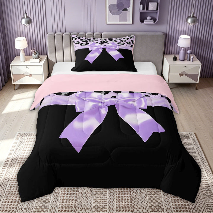 meiyoeat Cute Princess Bow Full Size Comforter Sets for Kids Girls, Leopard Print Bedding Comforter Set for Bedroom, Black Purple, Pink Reversible, 3pcs