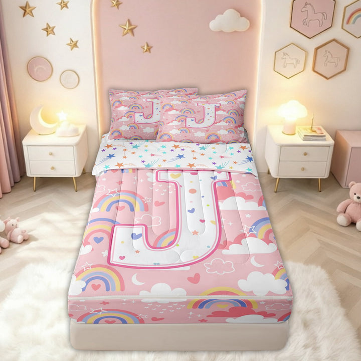 meiyoeat Rainbow J Initial Zipper Comforter Set with Fitted Sheet and 2 Pillowcases for Girls Kids, Galaxy Stars Cloud Zipper Bedding Set, Pink Multicolor, Colorful Star Reversible, 3pcs