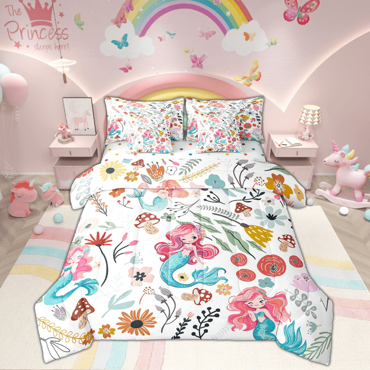 Kawaii Mermaid Comforter Set 7 Piece Bed in a Bag Twin,Mushroom Floral Cartoon Animal Bedding Sets Watercolor Flowers Leaves Sheet Set with Comforter