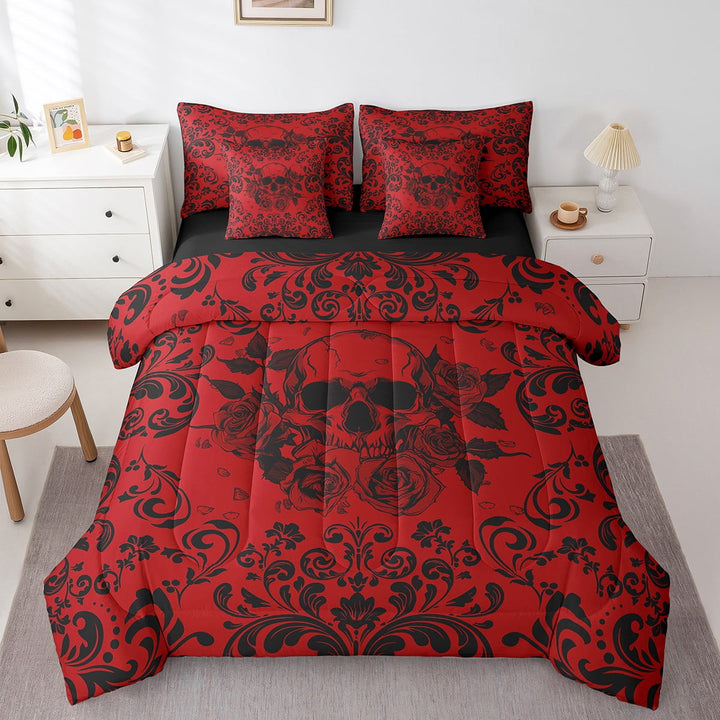 Erosebridal Rose Skull Bedding Set 7 Piece Queen Damask Floral Gothic Bed In A Bag Halloween Skull Skeleton Comforter Set With Sheets Adults,Goth Hippie Skull Bed Set Red Black