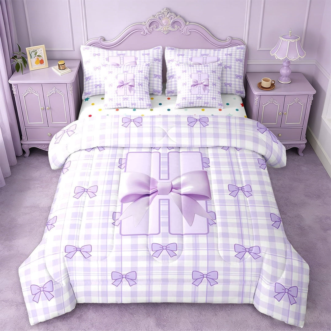 Erosebridal Dreamy Princess Bow Tie 7-Piece Twin Bedding Sets For Kids,Girls Ribbon Bowknot Theme Initial Letter H Bedding Comforter Set,Reversible