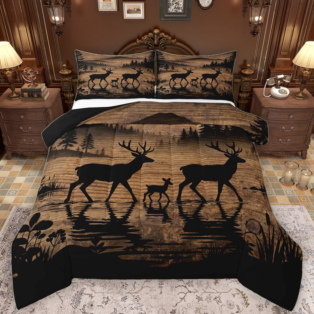 Manfei Deer Moose Family Queen Comforter Set, Brown Rustic Cabin Bedding Sets, Woodland Animal Wildlife Reversible Bedding Comforter Set, Ultra Soft Bedroom Decor, 3pcs