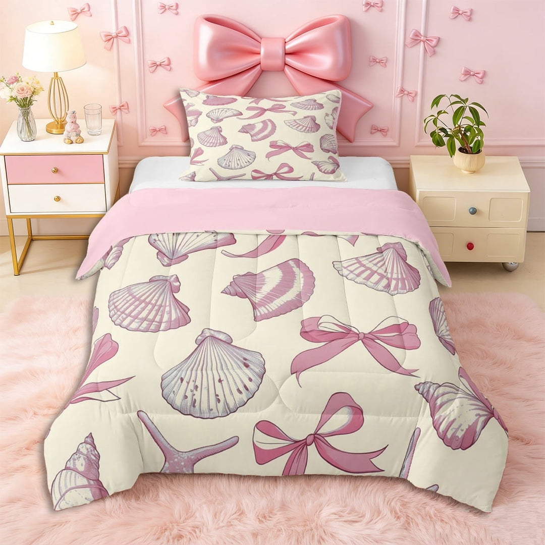 Erosebridal Kawaii Seashell Bowknot Twin Comforter Sets 3-Piece for Kids Girls,Teens Sea Theme Bedding Set,Pink Reversible,Super Cozy Room Decor
