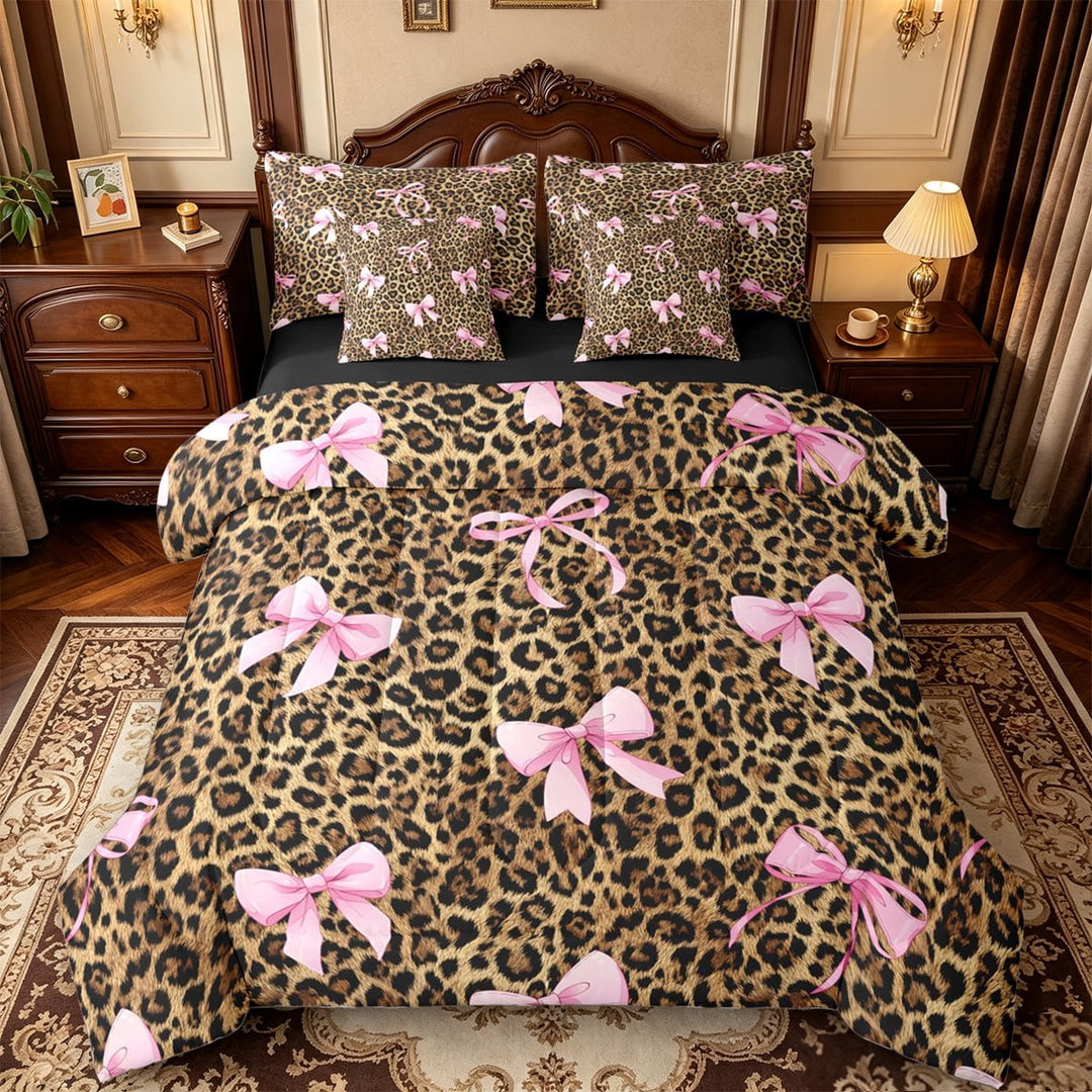 Manfei Brown Leopard Pattern 7 Pieces Full Size Bedding Sets,Pink Coquette Bowknot Full Size Bed in a Bag,Black Reversible