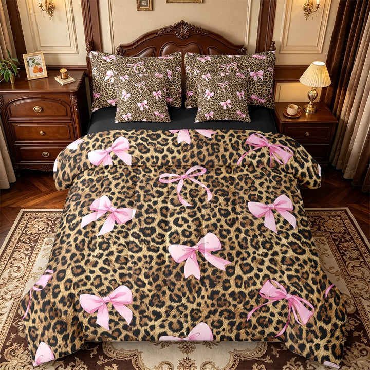 Manfei Brown Leopard Pattern 7 Pieces Full Size Bedding Sets,Pink Coquette Bowknot Full Size Bed in a Bag,Black Reversible