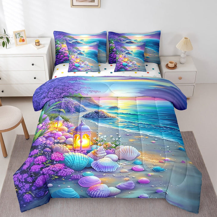 Erosebridal Colorful Seashell Bedding Sets Twin Size, Romantic Beach Comforter Sets with Sheets, Coastal Marine Decor, Reversible