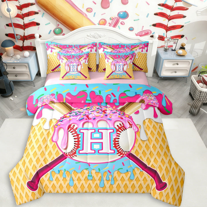 Erosebridal Ice Cream Drip Dessert Boy Twin Bedding Sets 7-Piece,Teens Sport Baseball Letter Monogrammed H Bedding Comforter Set,Pink Reversible