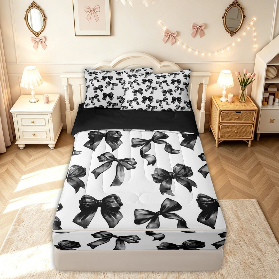 meiyoeat Ink Black Bow Zipper Full Size Comforter Sets with Fitted Sheet and 2 Pillowcases for Adults, Fashion Ribbon Zipper Bedding Set for Bedroom, Black ReversibleG