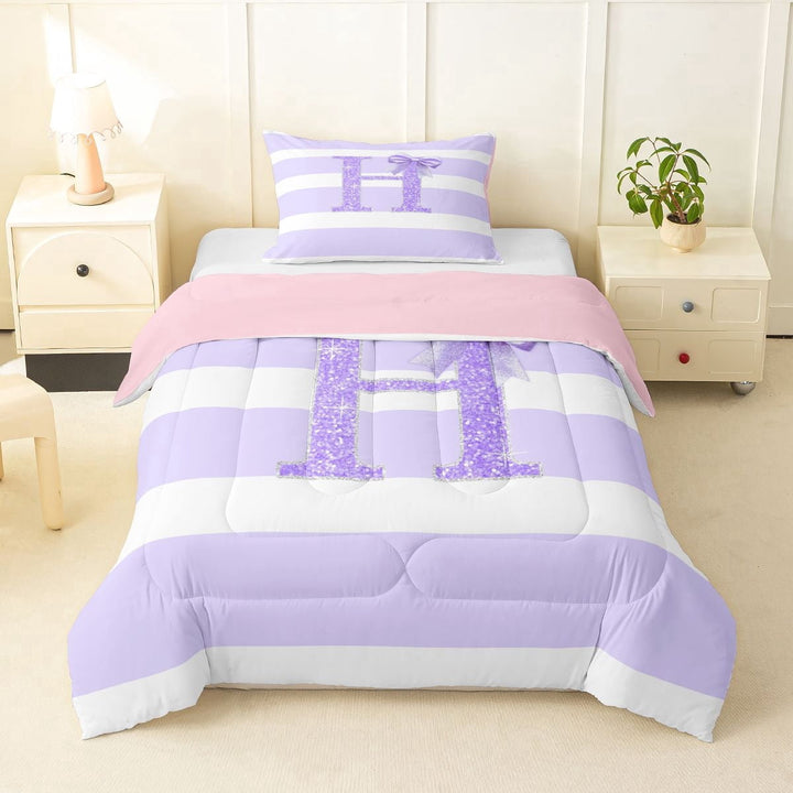 Erosebridal Girls Purple Bow Letter Monogrammed H Twin Comforter Sets 3-Piece,Bling Glitter Print Geometric Stripes Bedding Set For Children Teens,Pink Reversible