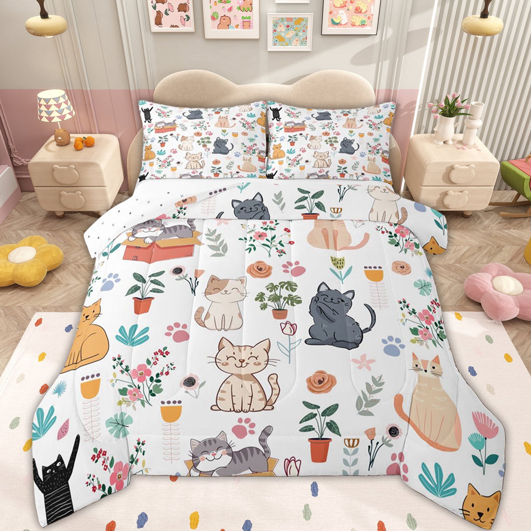Erosebridal Cute Cartoon Cat Full Size Comforter Sets for Kid, Rustic Flower Bedding Sets, 3pcs