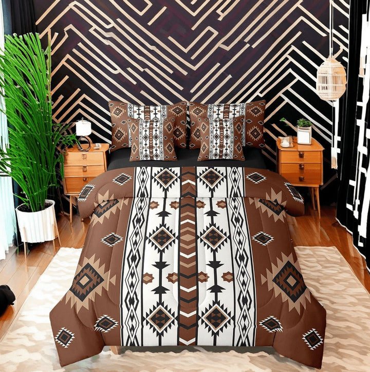 7 Piece Western Full Comforter Set With Sheets Brown Rustic Boho Aztec Bedding Sets,Country Cabin Lodge Bed In A Bag Adults Men Southwestern Tribal Bed Set