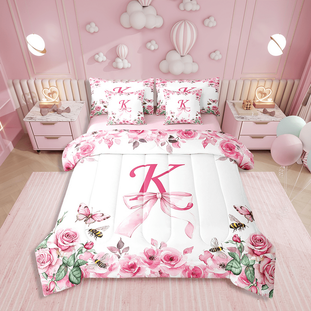 Erosebridal Initial Letter 7 Pieces Bedding Set Bowknot Alphabet Twin Comforter Set with Sheets Room Decor A-Z Bed in a Bag Pink Rose Bed Set