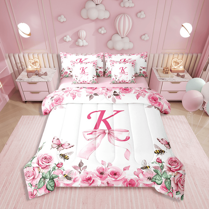 Erosebridal Initial Letter 7 Pieces Bedding Set Bowknot Alphabet Twin Comforter Set with Sheets Room Decor A-Z Bed in a Bag Pink Rose Bed Set