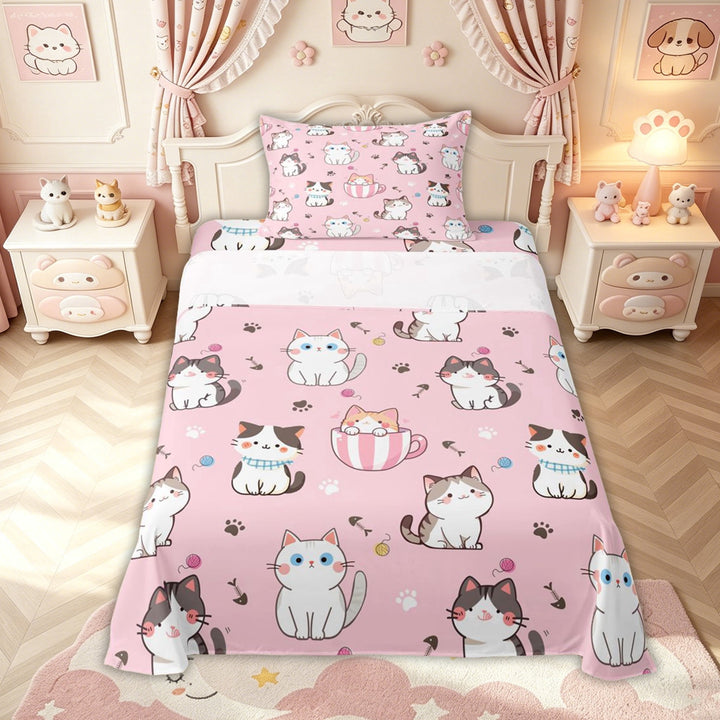 meiyoeat Pink Kawaii Cat Bed Sheets for Kids Girls, Cute Kitten Animal Full Size Sheets, 4pcs