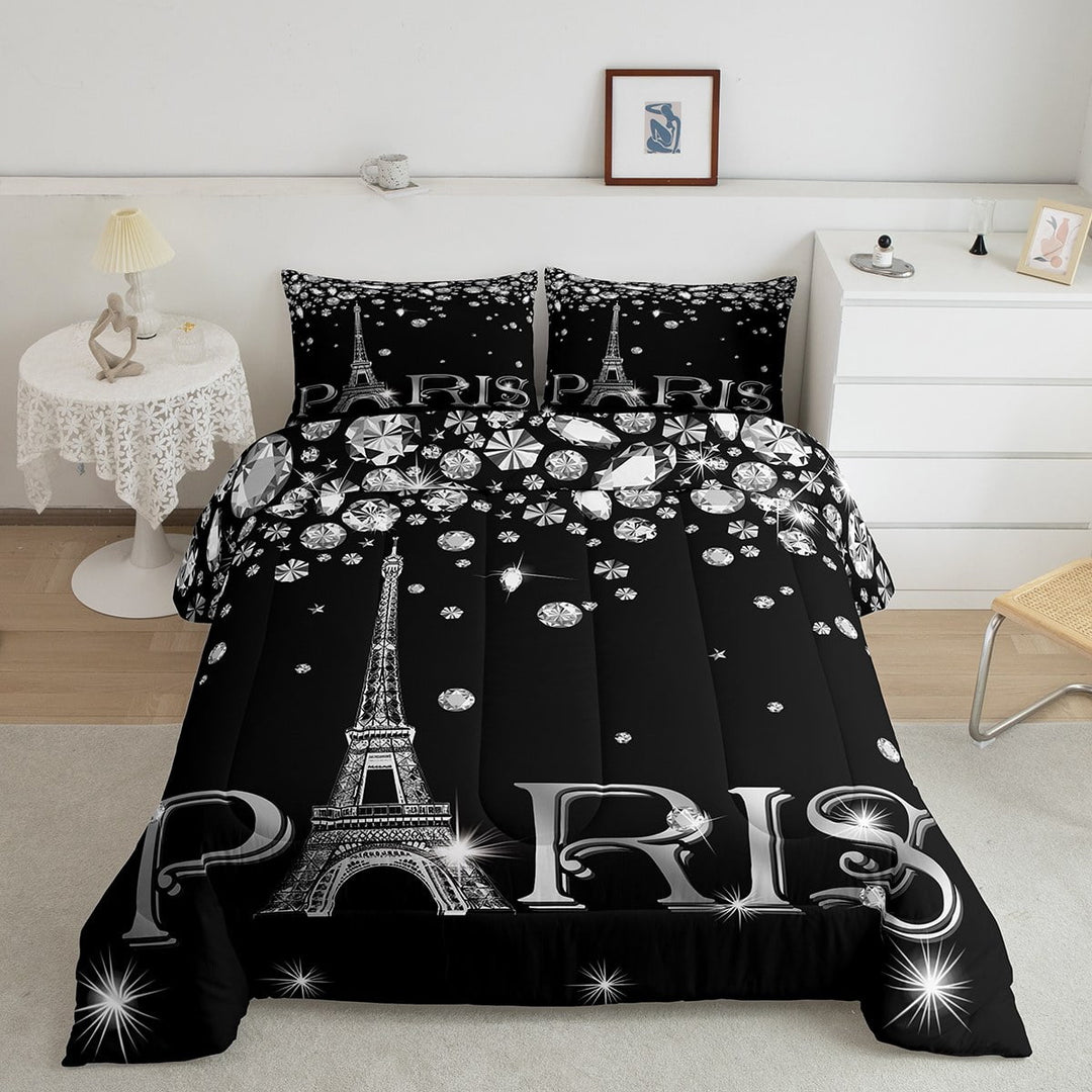 Paris Bedding Set Teens,Eiffel Tower Comforter Set Queen,Black White Sparkles Sequins Duvet Insert Lightweight,Gradient Diamond Down Comforter with 2 Pillow Cases Home Room Decor