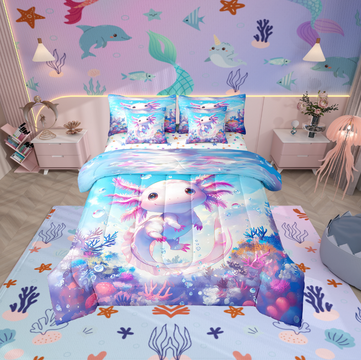 Erosebridal Animal Axolotl Bedding Sets Twin Size,Dreamy Princess Comforter Sets with Sheets,Underwater World Bed in a Bag Twin size,Ultra Soft Cartoon Room Decoration,Reversible,7-Piece
