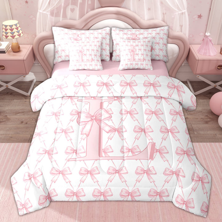 Erosebridal White Pink Bow Twin Bedding Sets for Girl, Initial L Letter Bedding Comforter Set, 7pcs