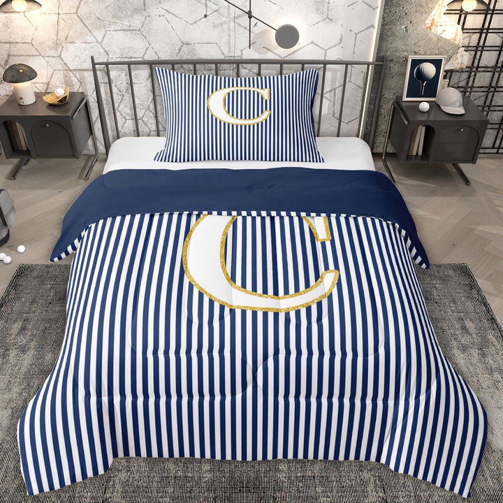 Erosebridal Fashion Letter C Twin Comforter Sets for Kid, Blue Cartoon Line Bedding Set, 2 Pieces