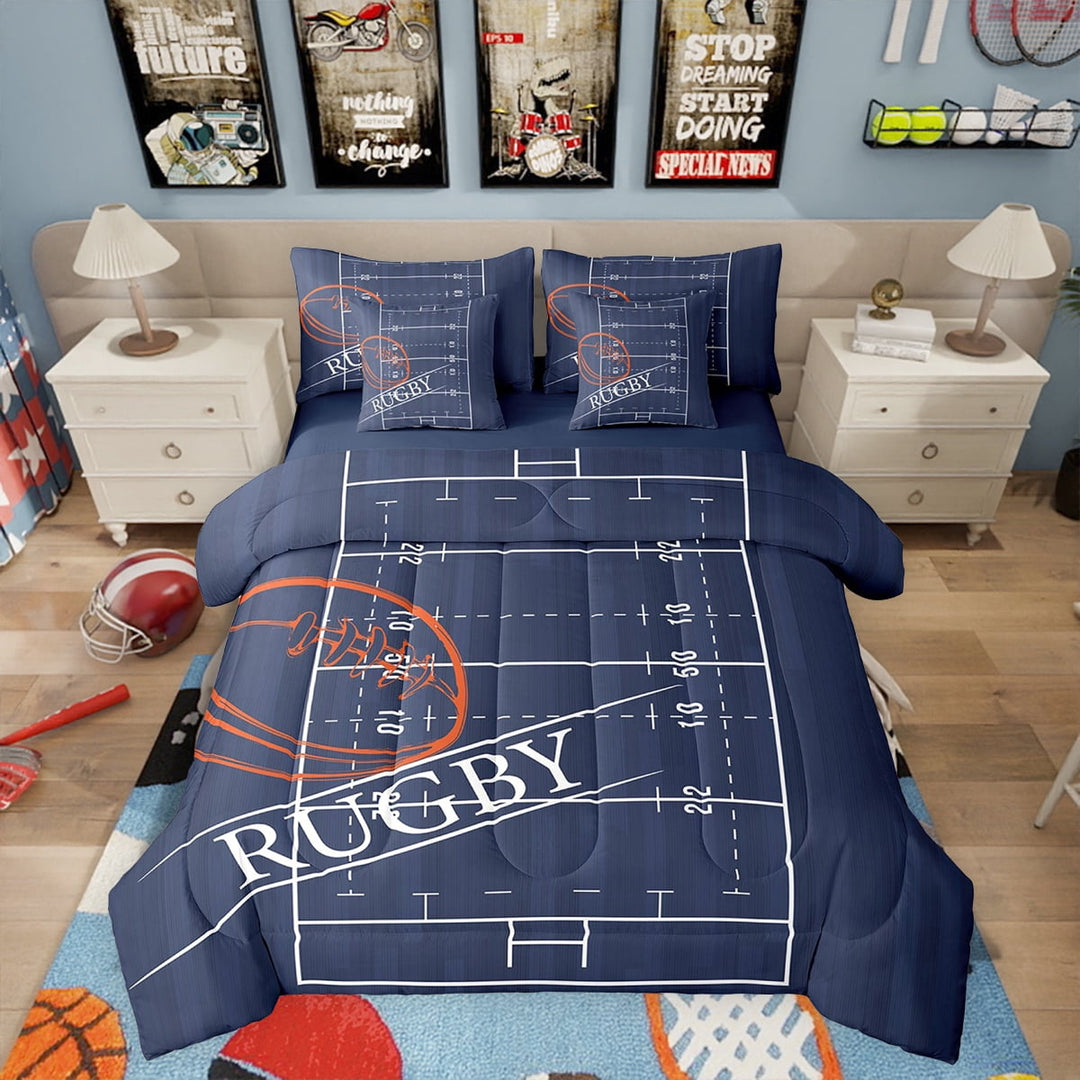 Sports Bedding Full Size 7pcs Soccer Bed in a Bag, Navy Reversible Comforter Set Ball Game Bedding Comforter Sets, Rugby Field Bedding Accessories, Lightweight Cozy