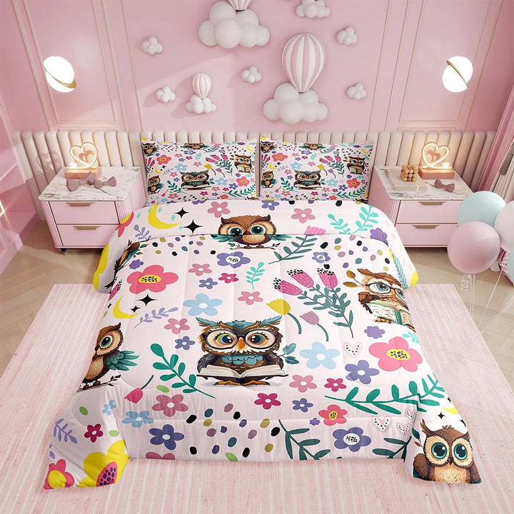 Bedding for Owl Love Full,Pink Girly Owl Print Comforter ,Cute Love Heart Floral Comforter Set,Rustic Cartoon Animal Quilt Inner Fill 3pcs Bedroom Decor
