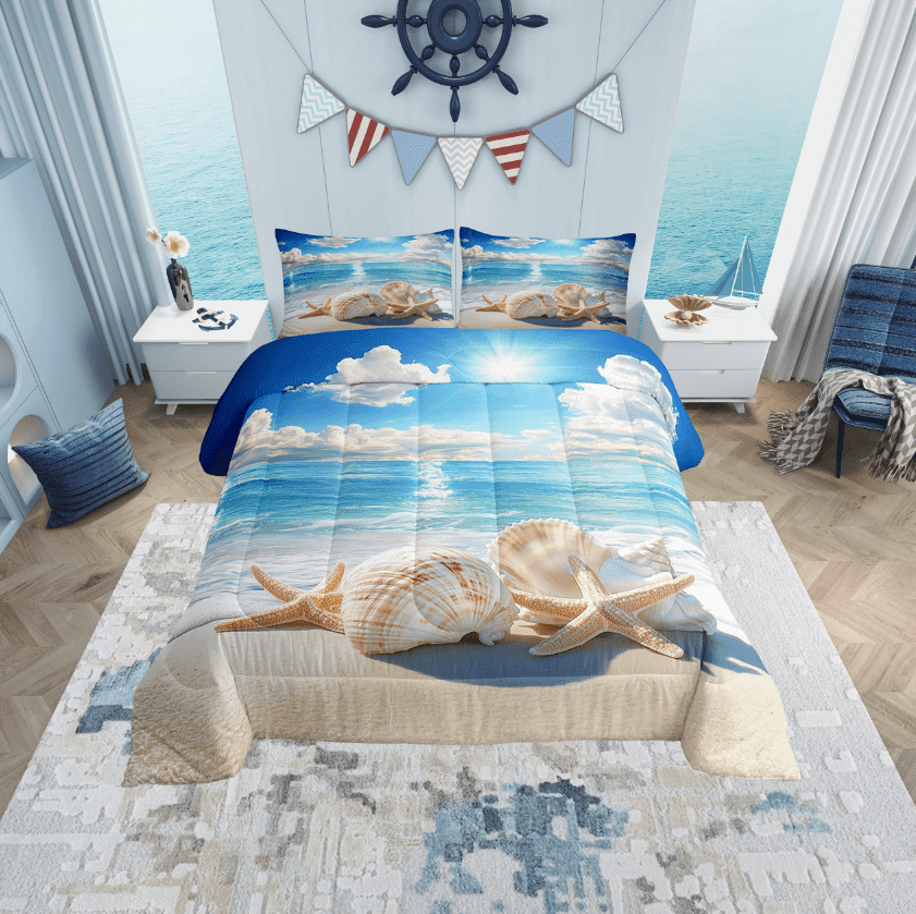 Erosebridal Dreamy Coastal Comforter Sets Twin Size, Seashell Beach Comforters &amp; Duvets, Ocean Theme Reversible Duvet Insert, Ultra Soft Bedroom Decorative, 2pcs