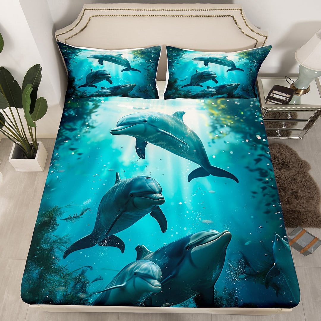 Erosebridal Dolphin Bed Set Cute Dolphin Jumping Teal Blue Ocean Animal Fitted Sheet Dolphin Sea Animal Bed Sheets Twin Size - 1 Fitted Sheet with 1 Pillowcase(No Top Sheet£©
