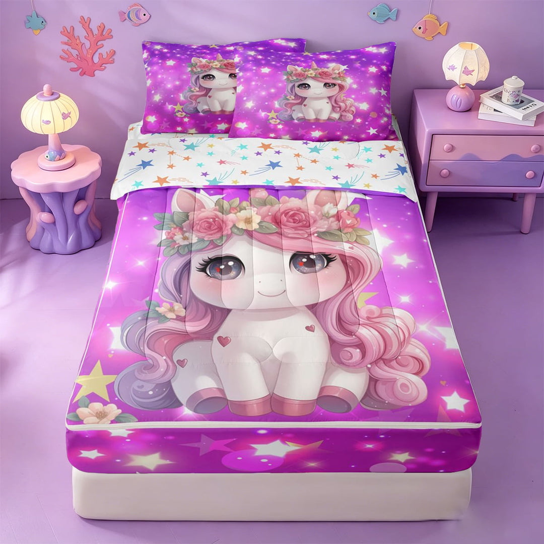 meiyoeat Cute Unicorn Zipper Full Size Comforter Sets with Fitted Sheet and 2 Pillowcases For Girls,Pink Cute Flowers Stars Zipper Bedding Set For Kids,Colorful Stars Reversible,4 Pieces