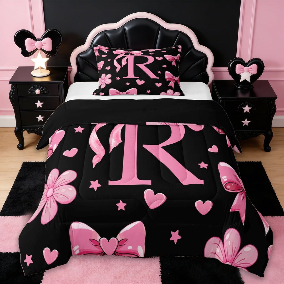 Erosebridal Pink Bows Girls Twin Comforter Sets,Letter R Monogrammed Bedding Set For Girls Kids,Reversible black,2 Pieces