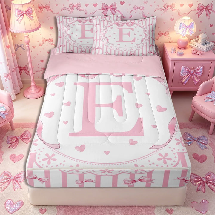 Meiyoeat Watercolor Letter E Print Zipper Twin Comforter Sets with Fitted Sheet and 2 Pillowcases, Cute Stripes Bow Pattern Zipper Bedding Set, Pink White,4-Piece,Pink Reversible