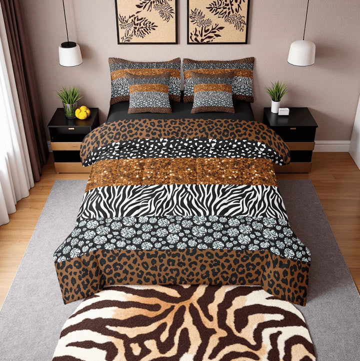 7Pcs Leopard Print Comforter Set Brown Diamond Queen Bedding Cheetah Comforter + Flat Sheet + Fitted Sheet + 2 Pillowcases + 2 Throw Pillow Covers (No Real Glitter No Sequin)