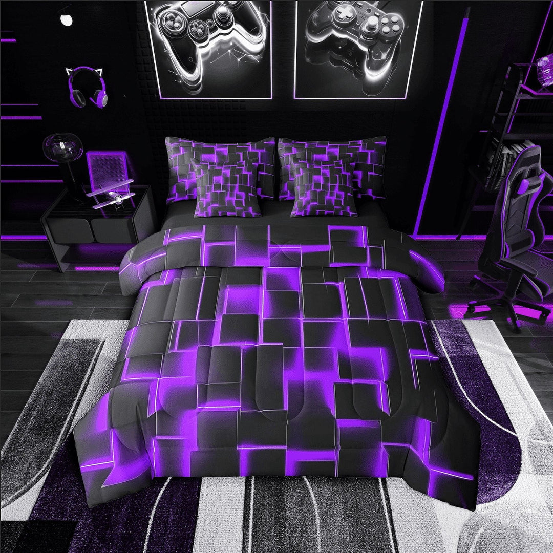 Erosebridal Neon Geometry Bedding Sets Twin Size,Stereoscopic Gradient Plaid Comforter Sets with Sheets,Room Decorative,Reversible,7pcs