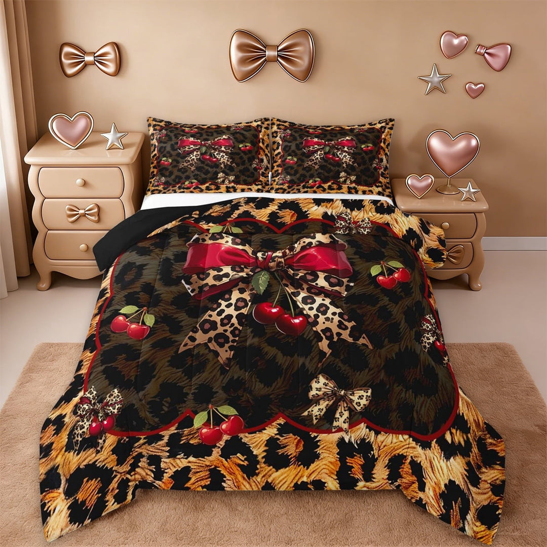 Erosebridal Leopard Print Bowknot Full Size Comforter Sets For Kids,Cute Cherries Cute Bows Girls Bedding Sets,Reversible Black,3-Piece