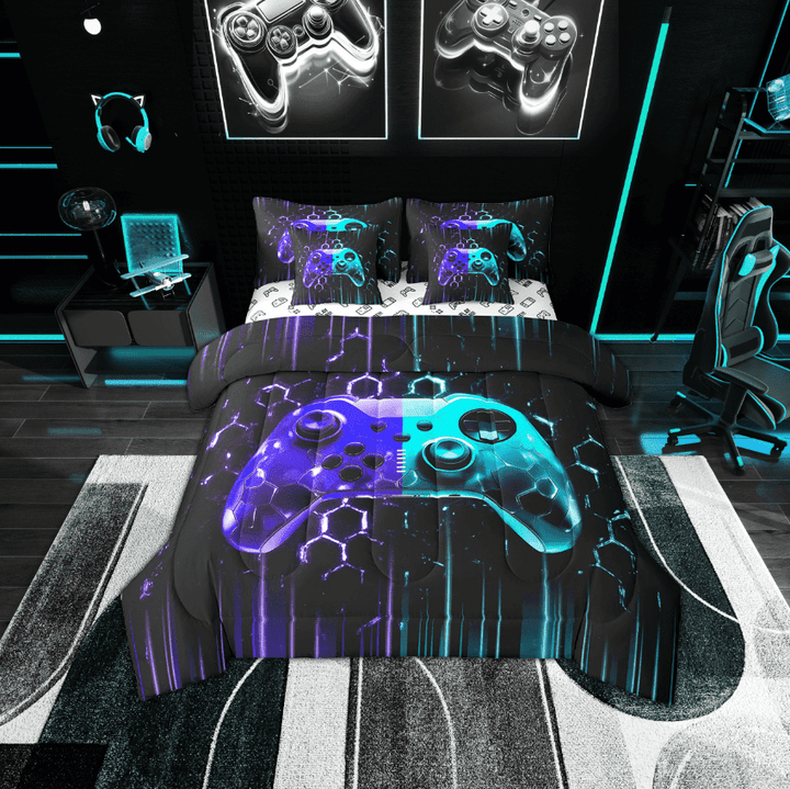 Erosebridal Video Game Theme Bed in a Bag Twin Size, Gradient Blue Cyan Gamepad Bed Set, Neon Light Bedroom Decor, Reversible 7 Pieces