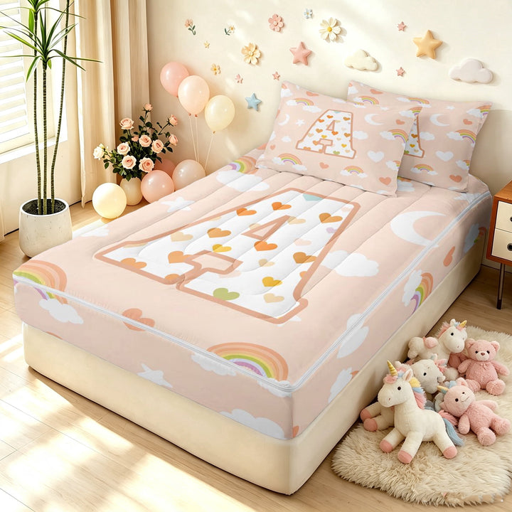 meiyoeat Cute Rainbow Love Heart Zipper Twin Comforter Sets with Fitted Sheet and 2 Pillowcases for Girls, Lovely Star Moon Zipper Bedding Set Peach, Polkadot Reversible, 4 Pieces
