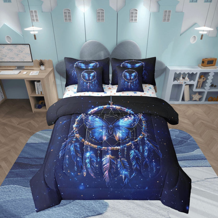 Blue Butterfly Bed in a Bag Queen Comforter Set 7 Piece,Dream Catchers Bedding Sets,Boho Feather Sheet Set with Comforter Rustic Aesthetic Animals Bed Set,Exotic Bohemian Decor